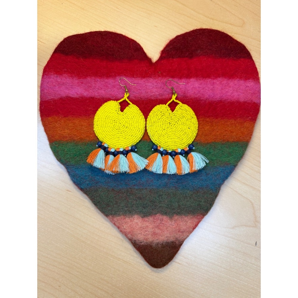 Yellow Seed Bead Tassel Statement Earrings Boho Dangle Multi Color Fringe